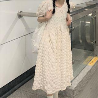 Short-sleeve Textured Midi A-line Dress White - One Size