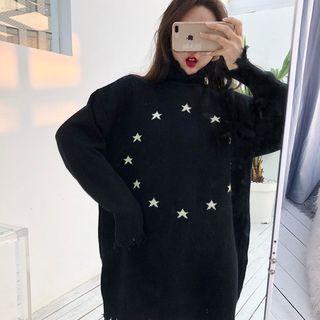 Star Irregular Distressed Turtle-neck Loose-fit Sweater