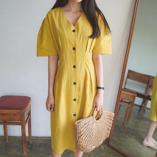 Linen Blend Puff-sleeve Shirtdress