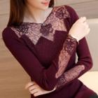Embroidery Tulle Panel Knit Top