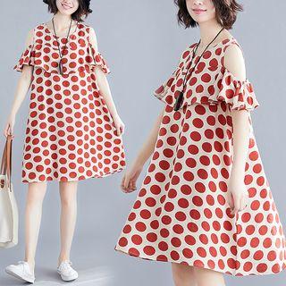 Dotted Cold Shoulder Short-sleeve Dress