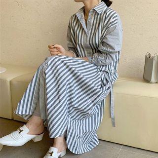 Long-sleeve Striped Loose-fit Maxi Shirtdress