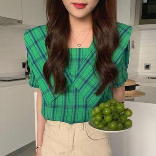 Short Sleeve Square Neck Plaid Blouse