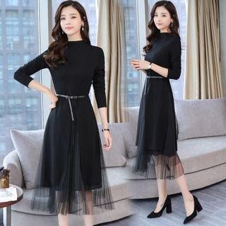 Mock Neck Tulle Panel Midi Dress