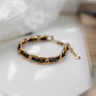 Faux Leather Alloy Bracelet Bracelet - Gold & Black - One Size
