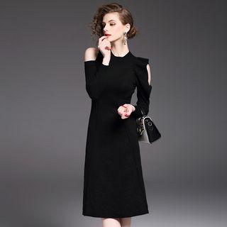 Plain Open Shoulder Long-sleeve Dress