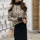 Mock Neck Cold-shoulder Leopard Print Sweater As Shown In Figure - One Size
