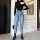 Cut Out Knit Top / Washed Straight Cut Jeans