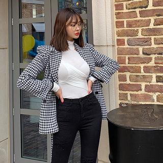 Double-breasted Houndstooth Jacket With Sash Black - One Size
