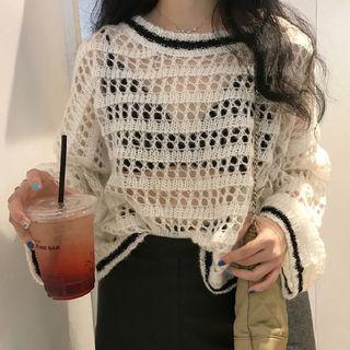 Contrast Trim Long-sleeve Open Knit Top White - One Size