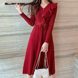 Long Sleeve Ruffled A-line Knit Dress