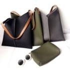 Set: Faux Leather Piped Shoulder Tote Bag + Zipper Pouch