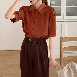 Plain Short-sleeve Shirt / High-waist Straight-cut Pants