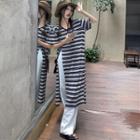 Short-sleeve Striped Side-slit T-shirt Black & White - One Size