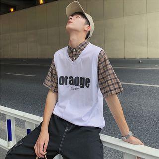 Mock Two-piece Short-sleeve Plaid Lettering Shirt