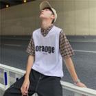 Mock Two-piece Short-sleeve Plaid Lettering Shirt