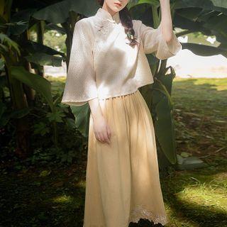 Set: Mandarin Collar Top + Embroidered Midi A-line Skirt