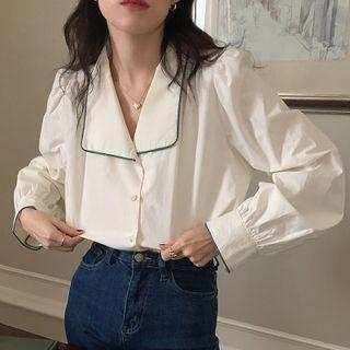 Puff Sleeve Contrast Trim Shirt Off-white - One Size