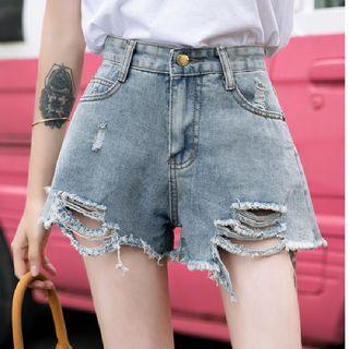 High-waist Wide-leg Ripped Denim Shorts