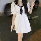 Puff-sleeve Sailor Collar Mini A-line Dress White - One Size