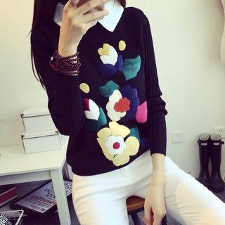 Collared Flower Pattern Sweater