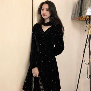 Puff-sleeve Dotted Cutout A-line Dress