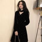 Puff-sleeve Dotted Cutout A-line Dress
