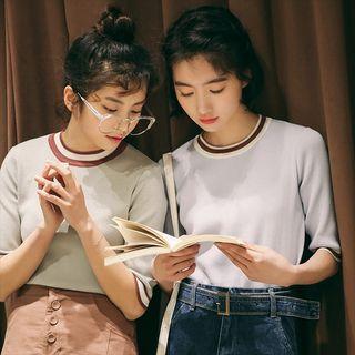 Contrast Trim Elbow Sleeve Knit T-shirt