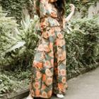 Set: Long-sleeve Floral Print Peplum Top + Floral Print Wide-leg Pants