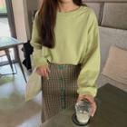 Long-sleeve Plain Sweatshirt / High-waist Single Breasted Plaid Skirt