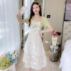 Bow Floral Panel Midi A-line Dress