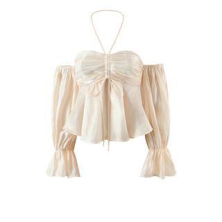 Long-sleeve Off-shoulder Drawstring Blouse