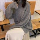 Plain Turtleneck Long-sleeve Loose-fit Sweater Gray - One Size