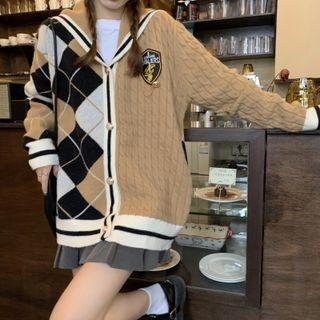 Argyle Panel Sailor Collar Cardigan Brown - One Size