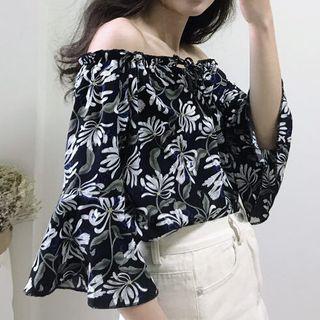 3/4-sleeves Off-shoulder Floral Print Chiffon Top