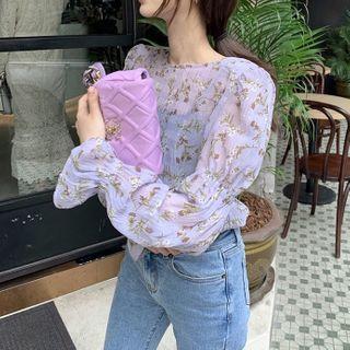 Long-sleeve Floral Print Frill Trim Chiffon Top
