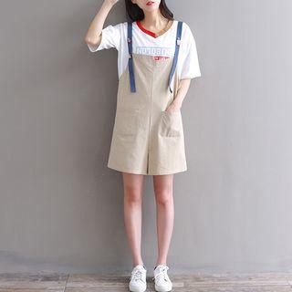 Set: Short-sleeve V-neck Print T-shirt + Jumper Shorts