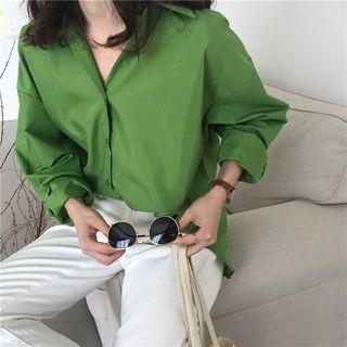 Plain Long-sleeve Loose-fit Shirt Green - One Size