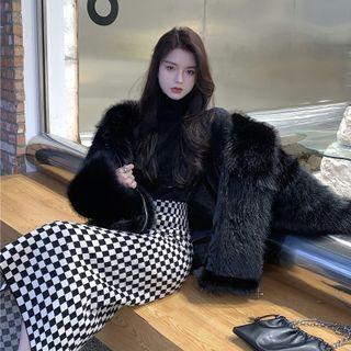 Turtleneck Knit Top / Checker Print Midi A-line Skirt / Fluffy Jacket