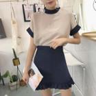 Set: Contrast Trim Short Sleeve Chiffon Top + Plain A-line Skirt