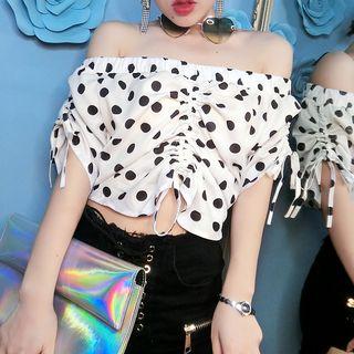Polka Dot Off-shoulder Cropped Drawstring Chiffon Top