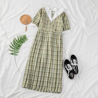 Contrast Trim Short Sleeve Plaid Pleated A-line Dress Green - One Size