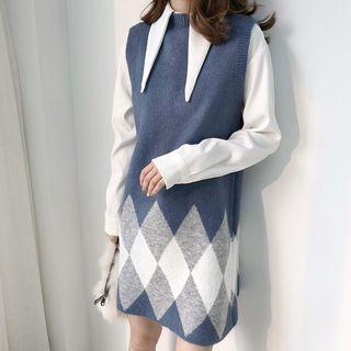 Set: Tie-neck Shirt + Argyle Long Knit Vest
