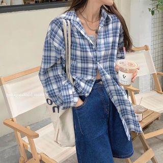 Oversize Polo Collar Plaid Shirt Jacket As Shown In Figure - One Size