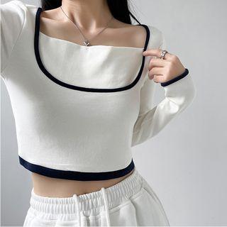 Mock Two-piece Long-sleeve Contrast Trim Crop T-shirt