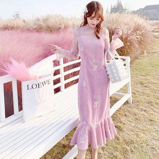 Set: Ruffle Trim Long-sleeve Top + Embroidered Corduroy Midi Spaghetti Strap Dress