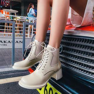 Chunky Heel Lace-up Paneled Short Boots
