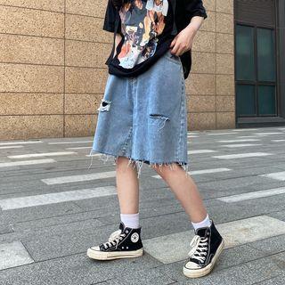 Mid-rise Distressed Frayed Denim Shorts