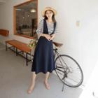 Set: 3/4-sleeve Striped T-shirt + V-neck Sleeveless Dress