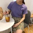 Short-sleeve Plain T-shirt / Plaid A-line Mini Skirt
